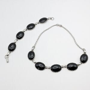 Vintage Silver Tone Black Cabochon Oval Link Choker and Bracelet Set